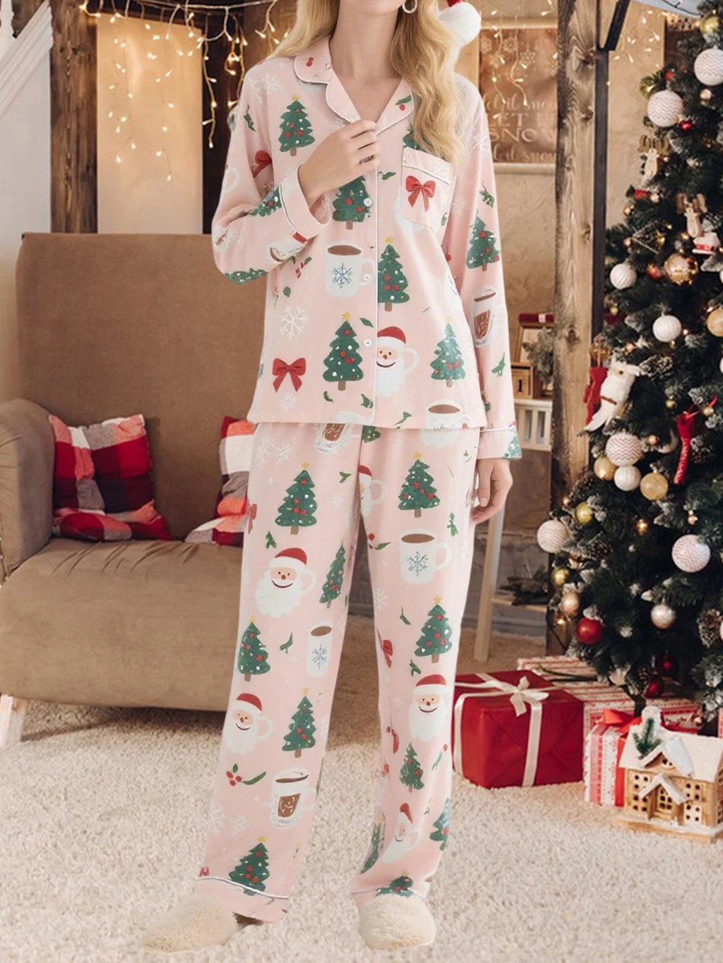 Women's 2025 Christmas Pajama Set Long Sleeve Lapel Santa Claus Christmas Tree Print Shirt Pants Two Pieces Sleepwear