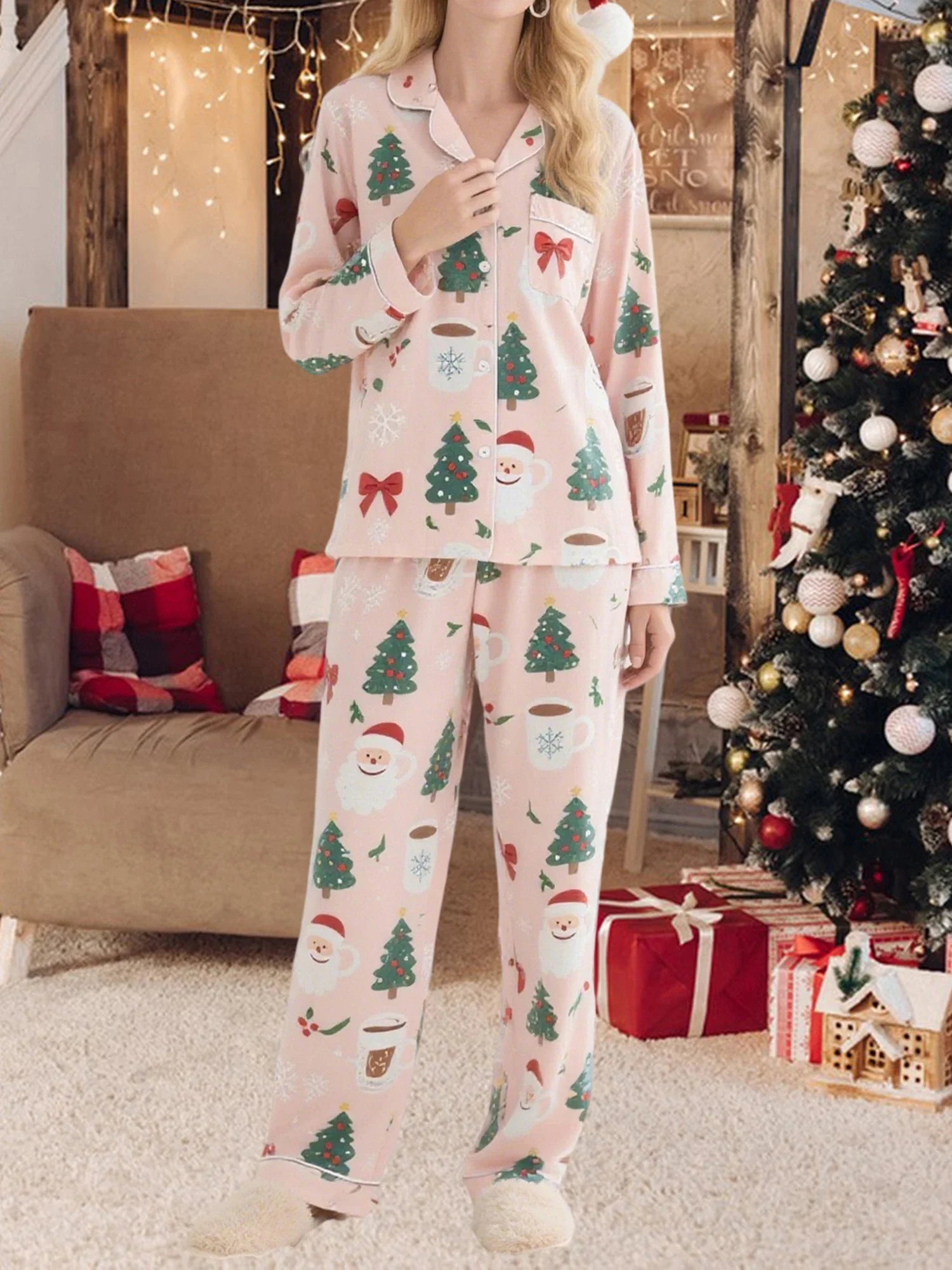 Women's 2025 Christmas Pajama Set Long Sleeve Lapel Santa Claus Christmas Tree Print Shirt Pants Two Pieces Sleepwear
