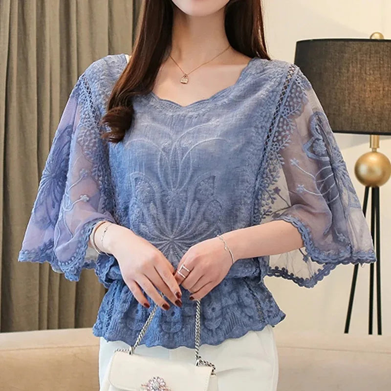 Summer Loose Lace Blouse Women 2025 Butterfly Sleeve Chiffon Shirt Woman Fashion Casual Floral White Shirt Tops Blusas 4073