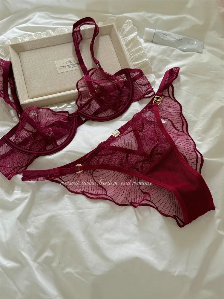Summer French Flower Embroidery Bralette Beachwear Pure Desire Ultra Thin Light Support Wirefree Romantic Niche Set AU MOYISU
