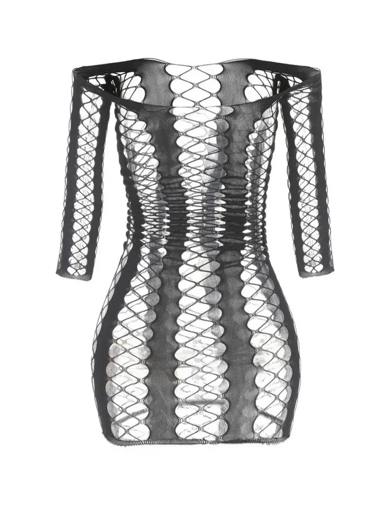 Women Sexy Fishnet Long Sleeve Cover Up, Sheer Bodycon Sleepwear See Through Beachwear Without Bikini