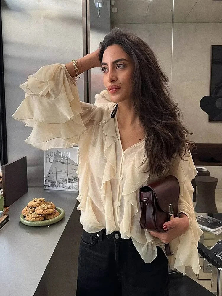 Foridol Ruffles Tiered V Neck Blouse Women Summer Spring Long Sleeve Casual Blusa Chiffon Blouses Buttons New in Female Top 2025