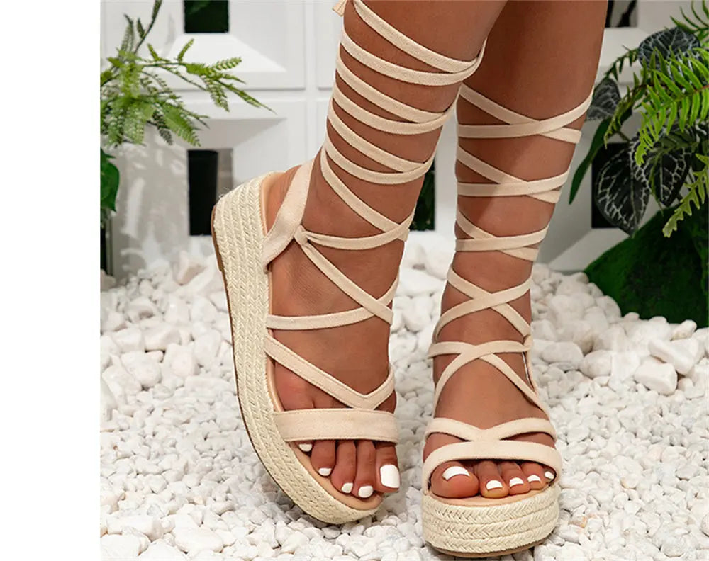 2024 Big Size 43 Women's Comfy Walking Wedge Espadrilles Sandals Summer Leisure Round Toe Platform Ankle Strap Shoes