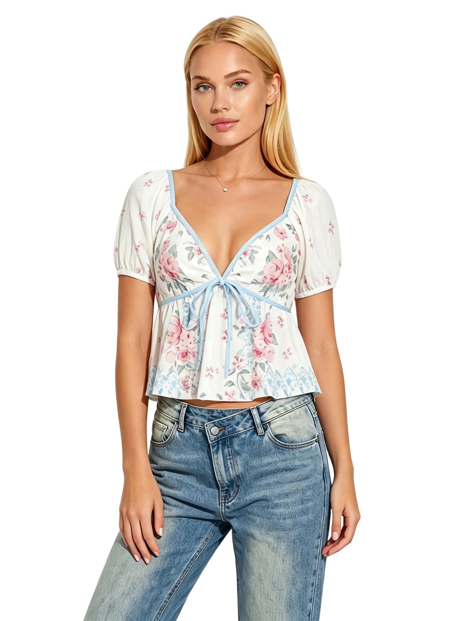 Womens Summer Crop Tops Puff Short Sleeve V Neck Floral Print T-shirts