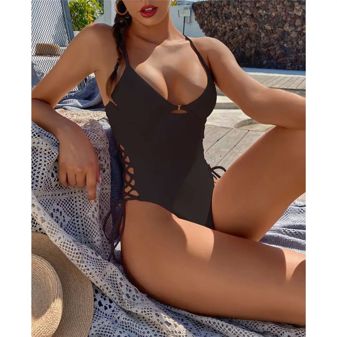 S - XL Sexy Lace Up Underwired One Piece Swimsuit Women Swimwear Female Backless Monokini Bather Bathing Suit Swim Lady V2906
