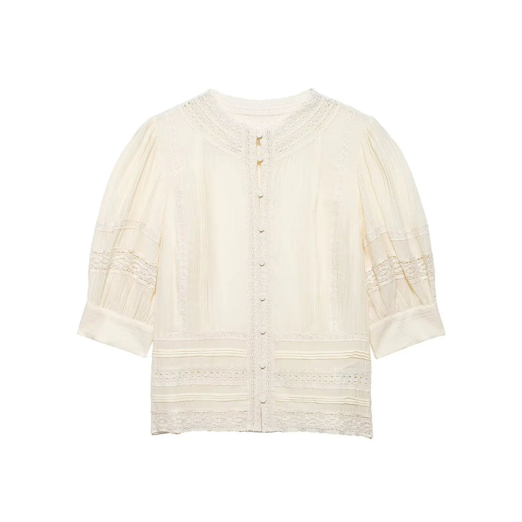 Women's Fashion Lace Romantic Style Shirt Women White Lace Trim Puff Sleeve Neck Button Front Casual Shirt For Daily Wear RJWE
