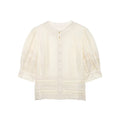 Women's Fashion Lace Romantic Style Shirt Women White Lace Trim Puff Sleeve Neck Button Front Casual Shirt For Daily Wear RJWE