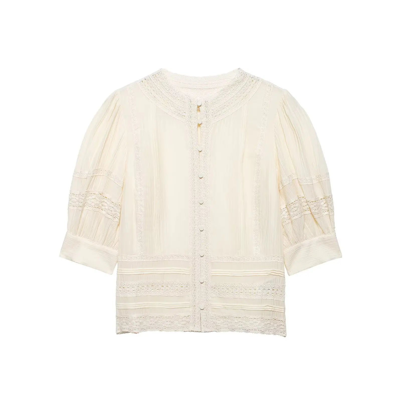 Women's Fashion Lace Romantic Style Shirt Women White Lace Trim Puff Sleeve Neck Button Front Casual Shirt For Daily Wear RJWE