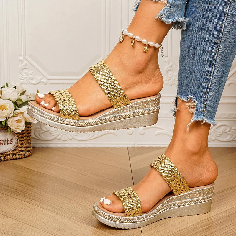 Fashion Weave Gold Wedges Sandals Women Summer Thick Bottom Platform Slippers Woman Plus Size 43 Lightweight Rome Sandals Female