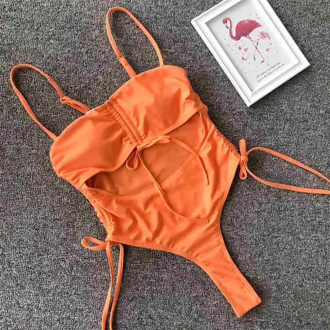 Sexy Lace Up Tummy Cut Out Monokini One Piece Swimsuit Women Swimwear Female Leopard Thong Bather Bathing Suit Swim Wear V1290