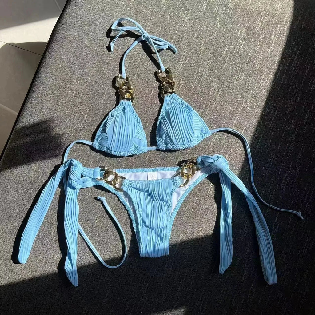 Halter Metal Rings Bikinis Wrinkled Bikini Female Swimsuit Women Swimwear Two-pieces Bikini Set High Cut Bathing Suit Swim Lady