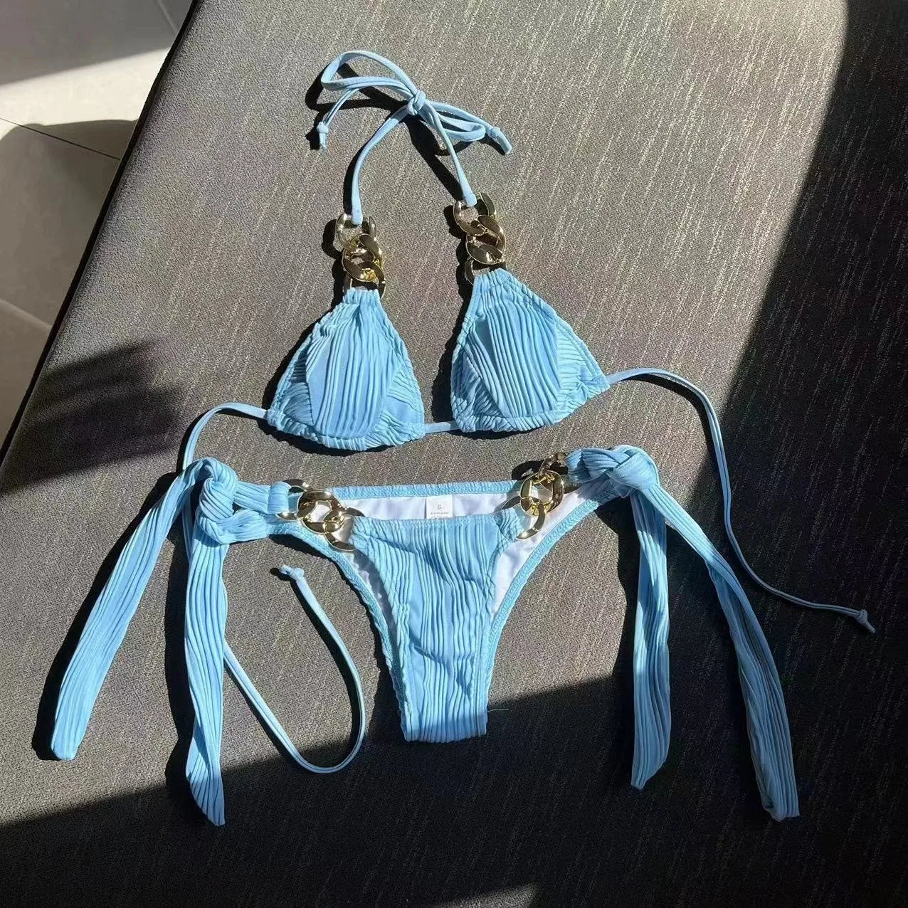 Halter Metal Rings Bikinis Wrinkled Bikini Female Swimsuit Women Swimwear Two-pieces Bikini Set High Cut Bathing Suit Swim Lady