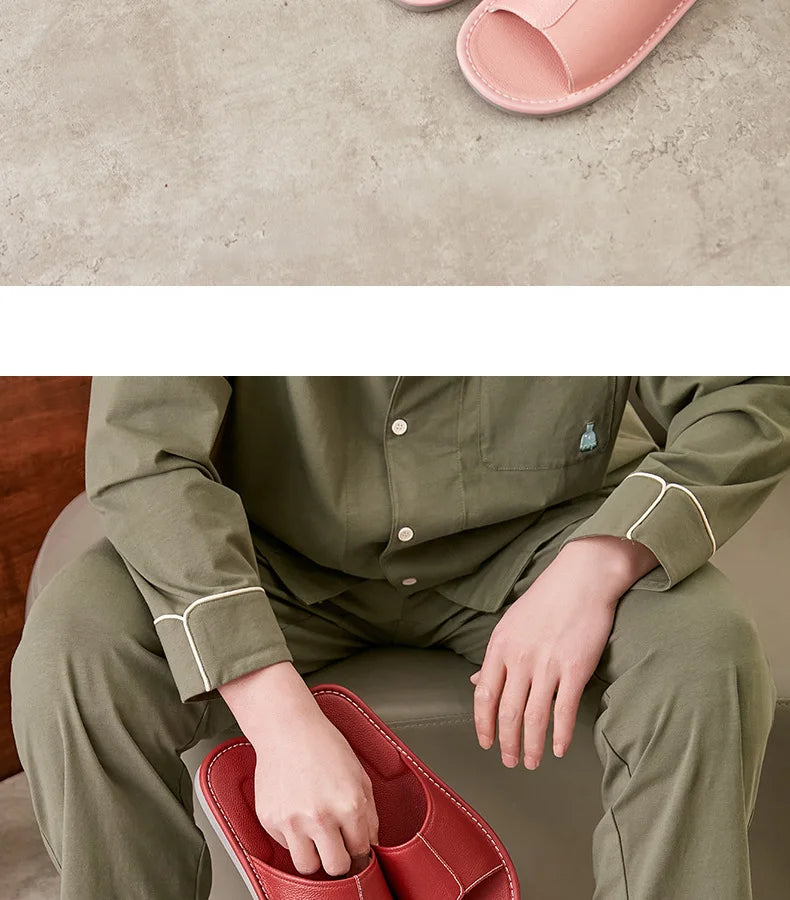 Big Size EU48 Indoor Slippers For Women Men Spring Summer House Shoes Soft Leather Anti-slip Open Toe Couples Home Floor Slides