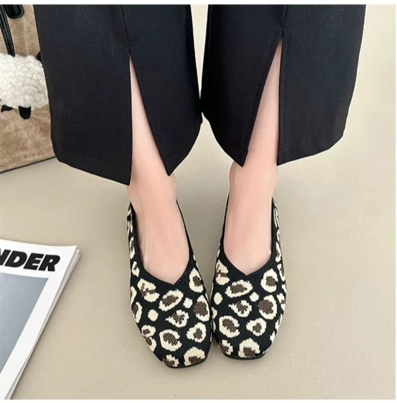 Leopard Color Square Toe Knitted Loafers Women Leisure Flat Shoes Soft Bottom Shallow Ballet Flats Casual Slip on Boat Shoes