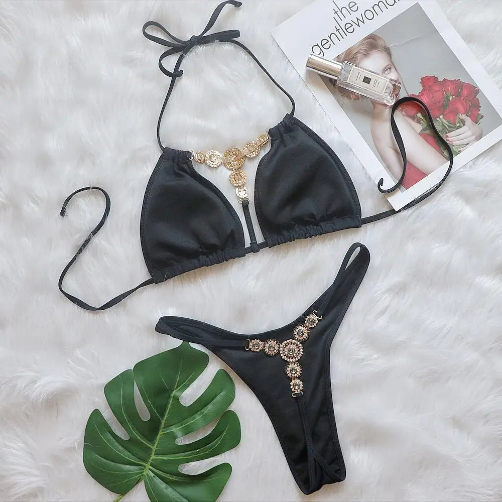 Extreme Mini Micro String Diamond Bikini Women Swimsuit Female Triangle Swimwear Two Pieces Bikini Set Halter Bathing Suit Swim
