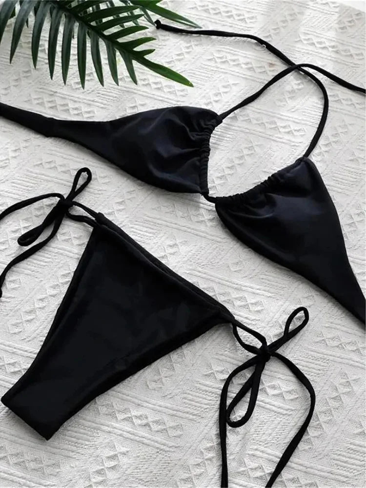 Sexy 12 Color Halter Mini Micro Thong Bikini Female Swimsuit Women Swimwear Two-pieces Bikini set Bather Bathing Suit Swim Lady