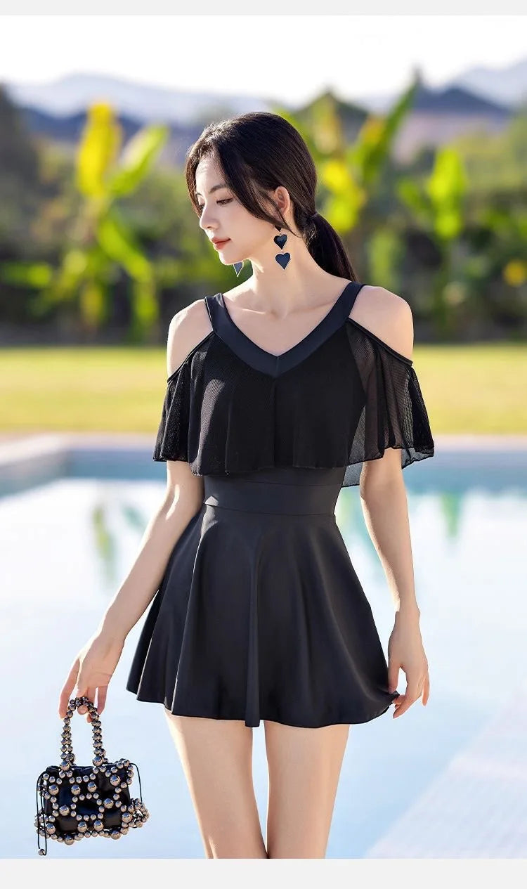 New Swimsuit for Women Soaking in Hot Springs, Concealing Flesh and Slimming, Conservative One-piece Skirt, Flat Angle Swimsuit