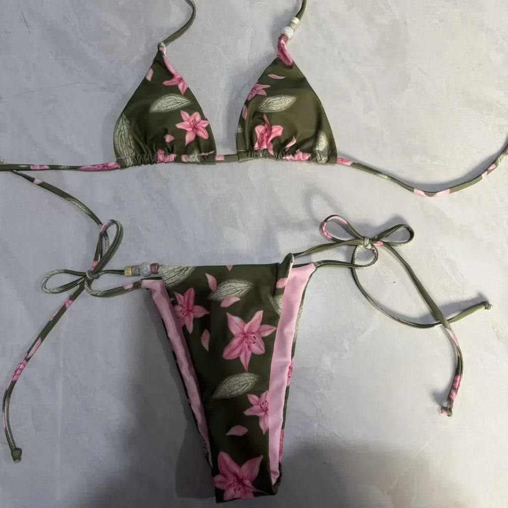 New Boho Style Floral Pattern Women's Micro Bikini Set Bead Decor Swimsuit Sexy Backless Bandage Swimwear Bathing Suit Beachwear