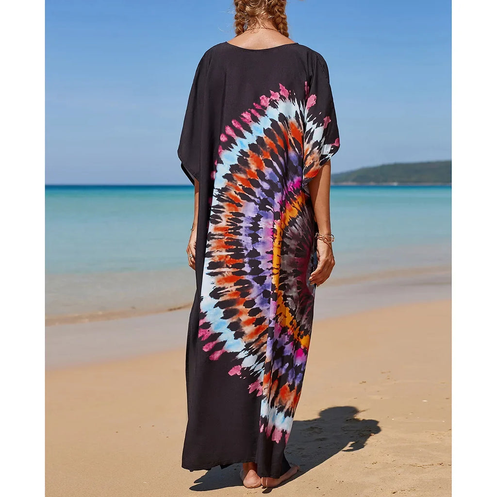 2026 New Colorful Kaftan Tunic Beach Dress Beach Wear Beachwear Beach Cover Up Cover-upsLoose Maxi Dress Female Women V4428