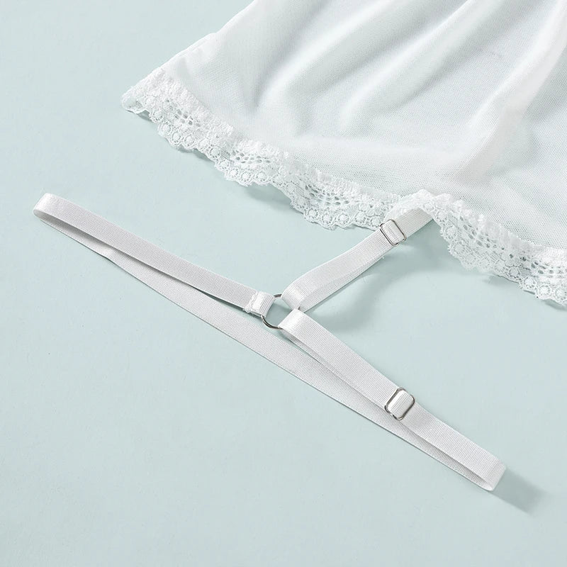 Sexy WhiteTulle Nightdress Woman Lingerie & Thong  V-neck Open Sleep Skirt Erotic Pajamas Garter Dress Set See Through Nightwear