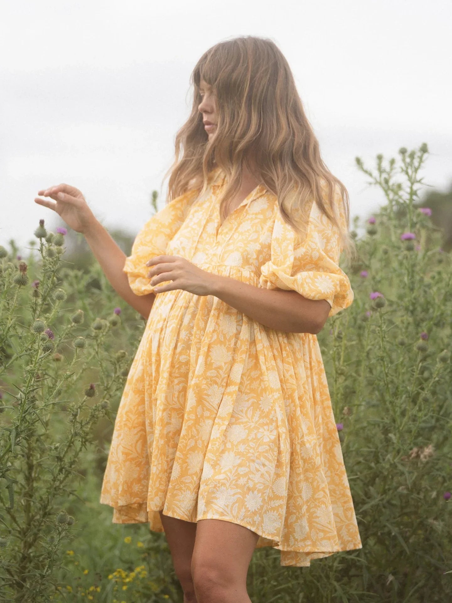 Foridol Lantern Half Sleeve Cyan Bohemian Beach Midi Loose Dress Summer for Women Tie Up Casual Floral Holiday Midi Vestidos