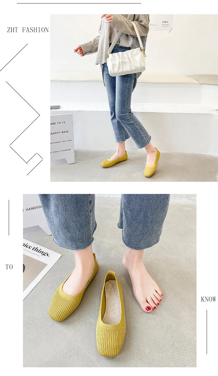 Women Leisure Flats Summer Autumn Flat Shoes Breathable Knitted Square Toe Slip-on Female Daily Walking Driving Loafers