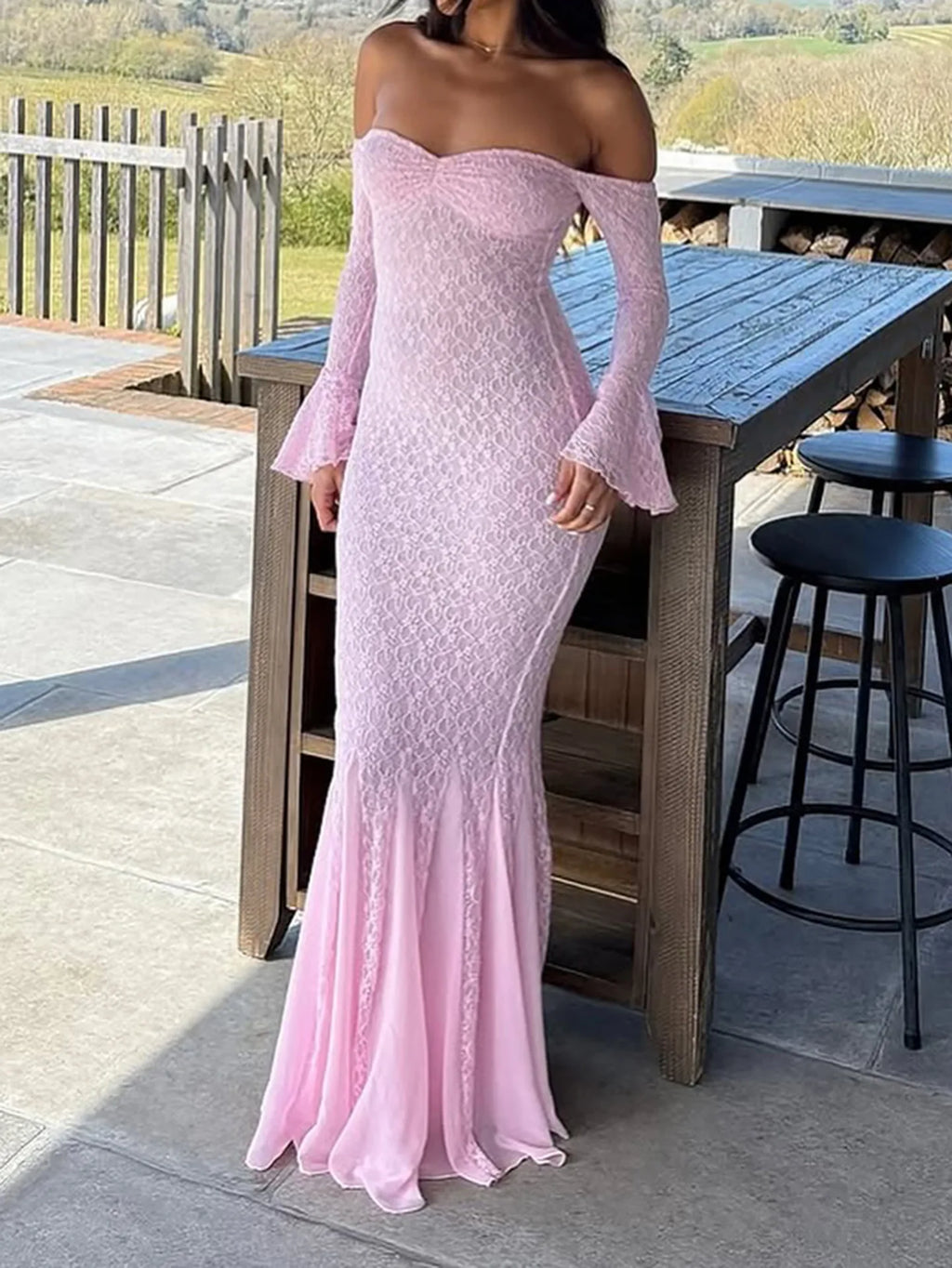 Elegant French Style Pink Long Dress Women Lace Long Sleeved Dress Evening Gown Party Wedding Dress up Lady Spring Summer Outfit