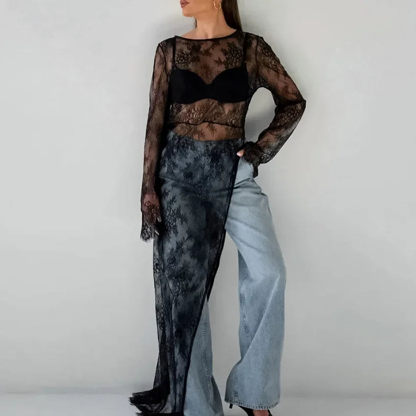 Woman Clothing 2026 O-neck Hollow Out High Slit Long Maxi Lace Dress Black Streetwear Ladies See-through Black T-shirt Dresses