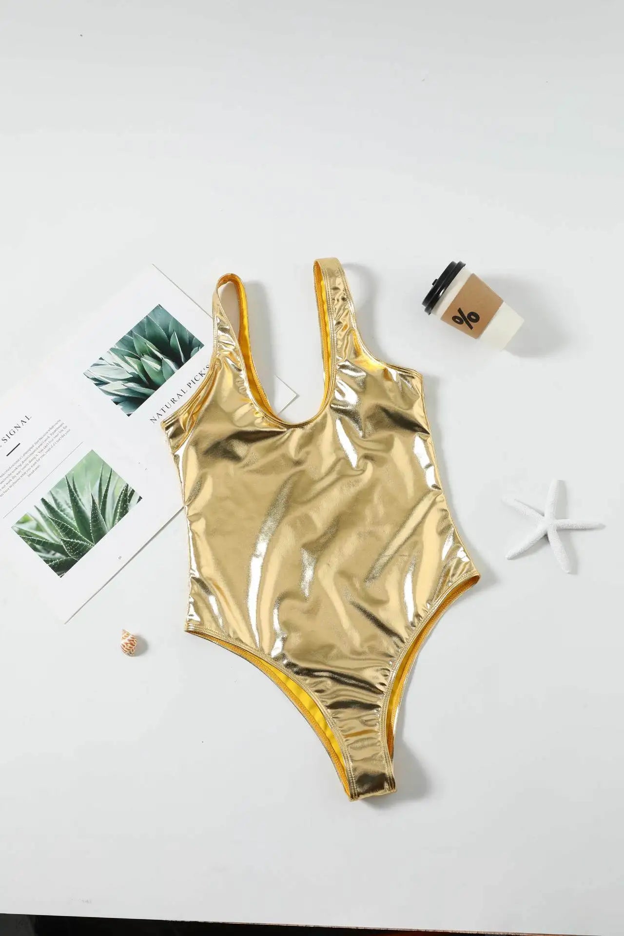 Sexy Gold Leather Swimsuit 2026 Women Shiny Padded Beach One Piece Swimwear Summer Bathing Suit Slim Tummy Control Monokini