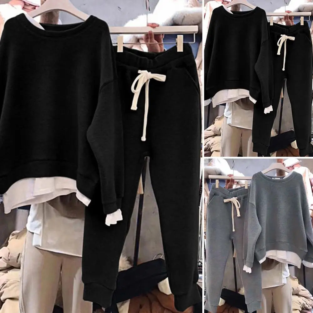 2 Pcs/Set Women Sweatshirt Pants Set Fake Two-piece Crew Neck Loose Elastic Waist Drawstring Casual Women Autumn Tracksuit