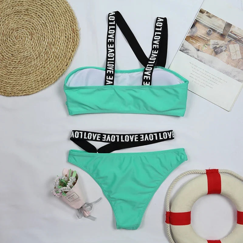Bikini 2026 Sexy Green Swimwear Swimsuit Women Letter Bandage Bikinis Set Bathing Suit Beach Bikini Female Push Up High Quality