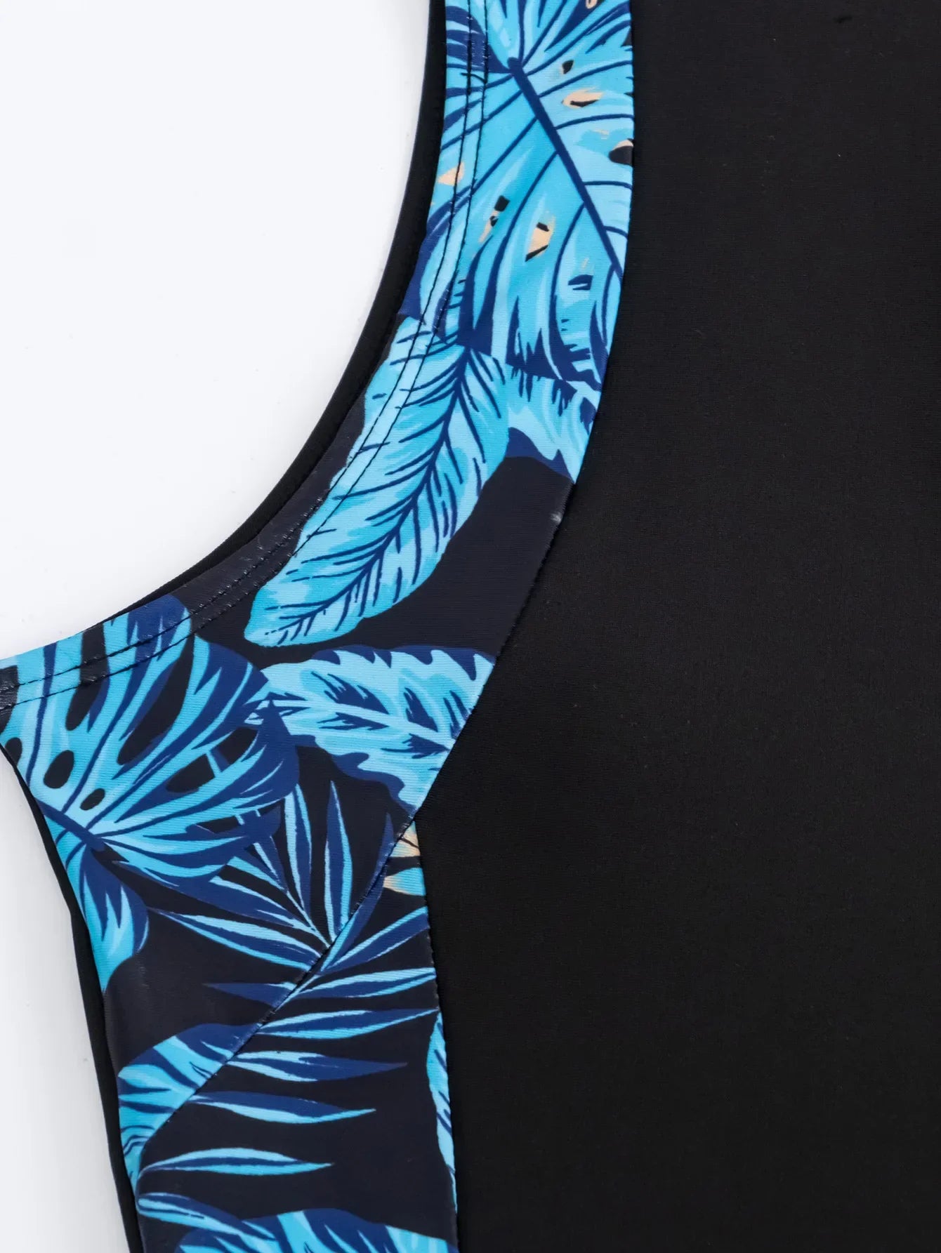 Vintage Blue Leaves Print Spliced One Piece Swimsuit Surfing Suit for Women Zipper Conservative Sports Bathing Suit Swimwear