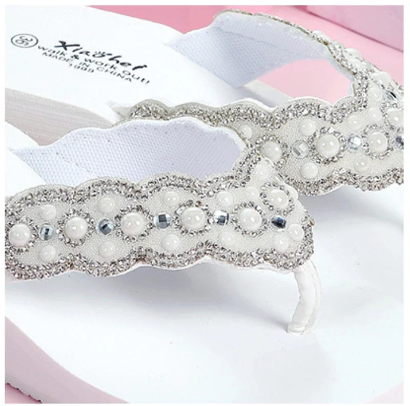 2025 Women Beach Flip Flops Summer Wedges Shoes Bling Rhinestone Soft EVA Girls Home Street Slippers Mid-heel Fashion Sandals