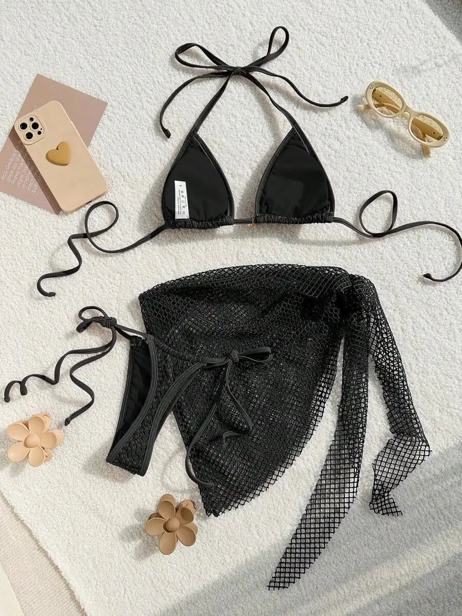 Women mesh micro mini string bikini sets 3pcs with cover skirt shell pendant swimsuit bathing suit beach outfits biquini tankini
