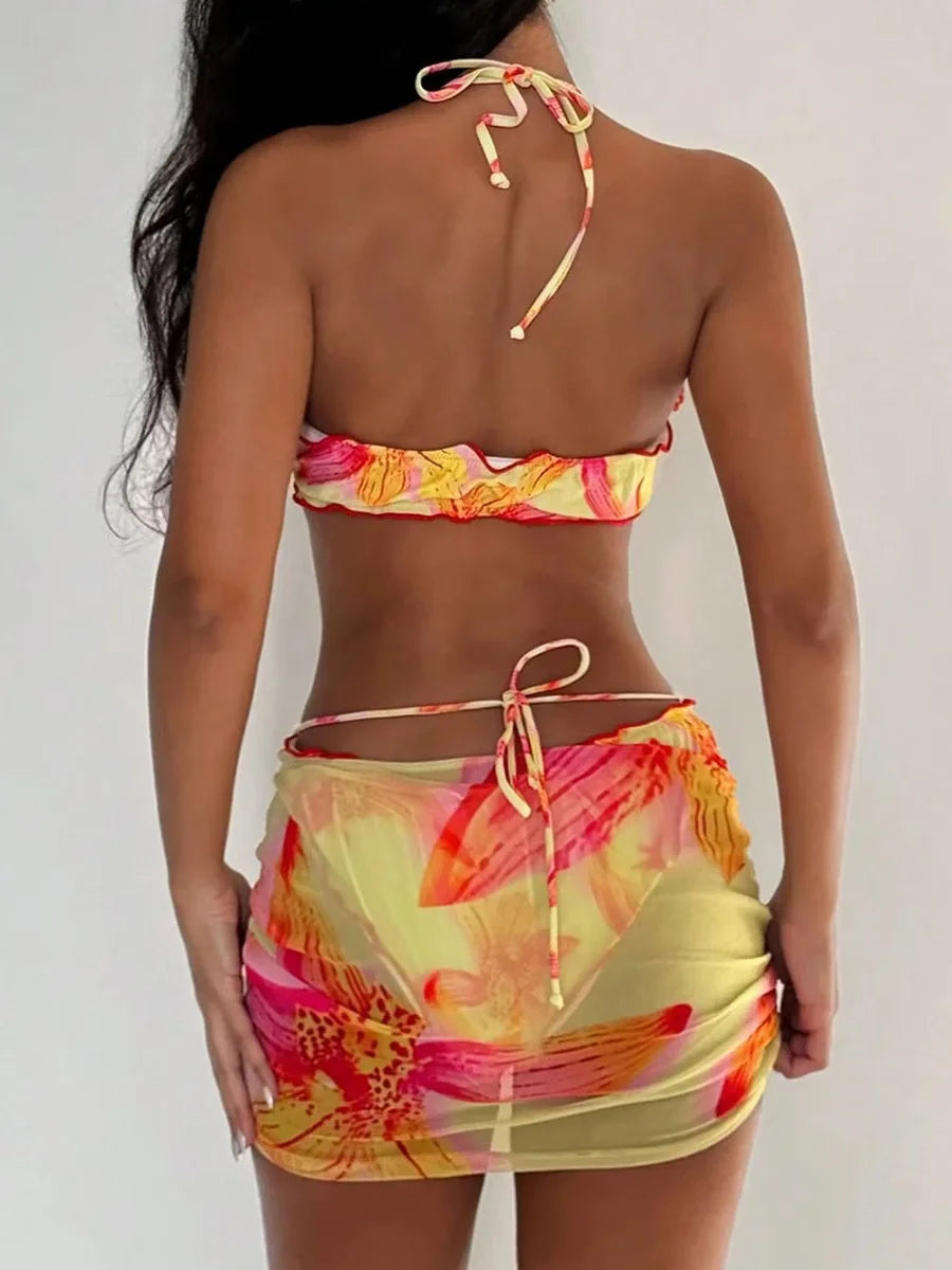 3D Flowers with Mesh Skirt Halter Bandeau Bikini Women Swimsuit Female Swimwear Three-pieces Bikini Set Bathing Suit Beachwear