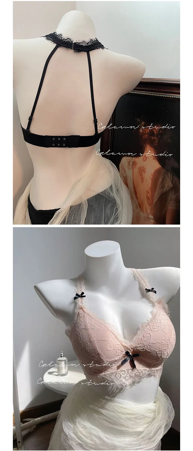 Elegant French Halter Neck Bra Set, Lace Wireless Bralette for Small Bust, Push Up Sensual Underwear Bralette & Panty MOYISU Bra
