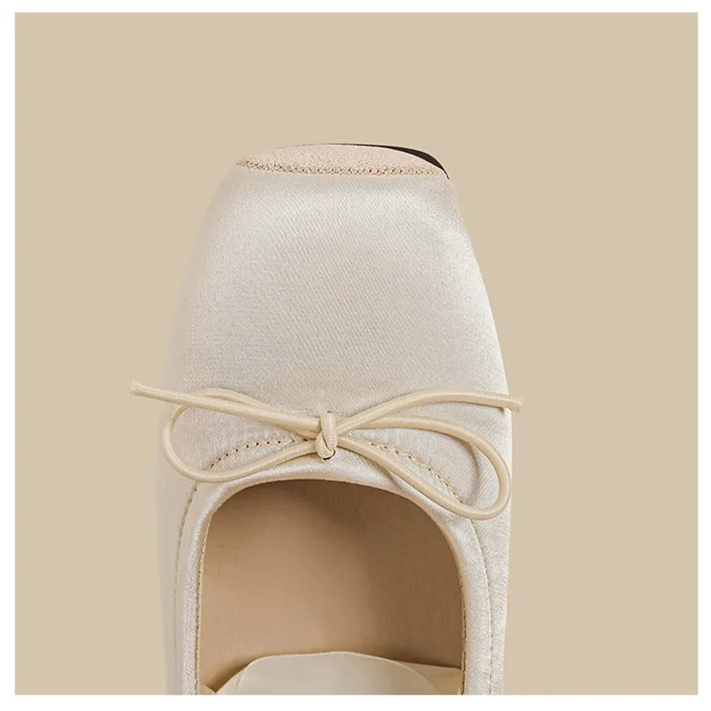 Balletcore Style Satin Lace-Up Flats for Women Black Ballerina Bow Detail Square Toe Ankle Wrap Ribbon Ballet Coquette Shoes
