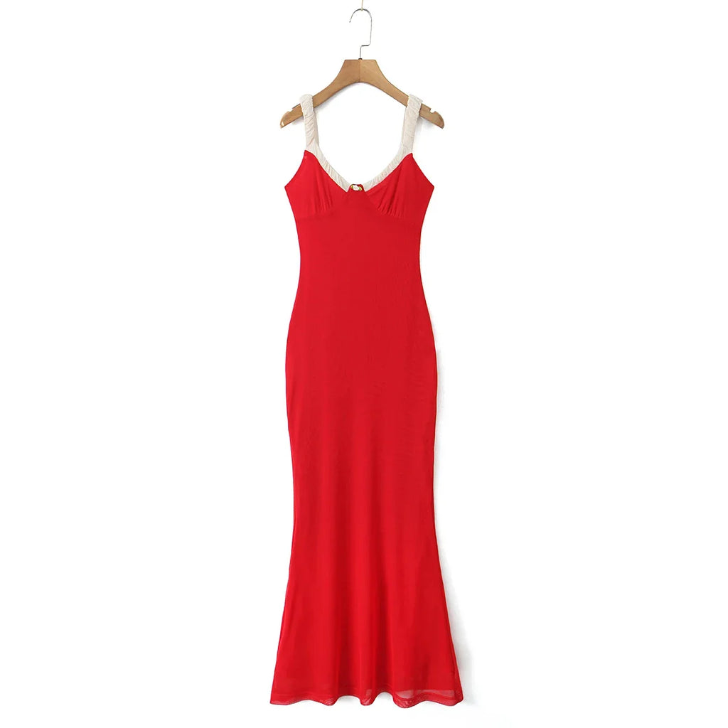 V Neck Spaghetti Strap Red Party Women's Dress Flower Decor Elegant Sleeveless Bodycon Maxi Vestidos 2025 Beach Casual Long Robe