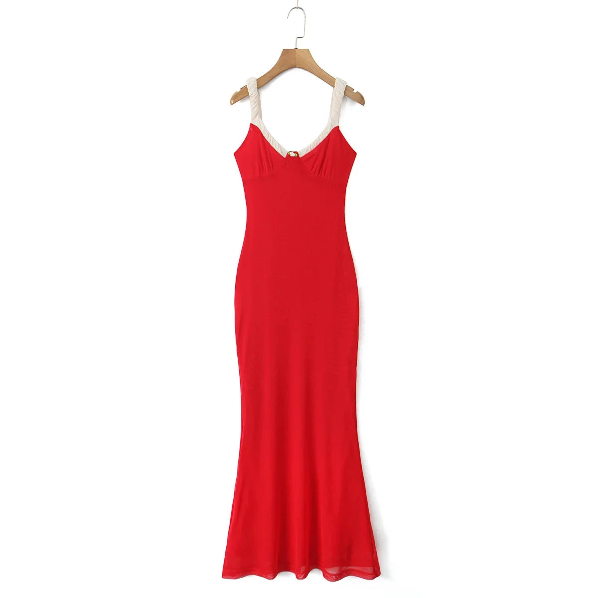 V Neck Spaghetti Strap Red Party Women's Dress Flower Decor Elegant Sleeveless Bodycon Maxi Vestidos 2025 Beach Casual Long Robe