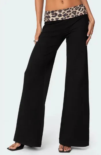 Women's spring and summer leopard print stitching micro-flared high-waisted casual trousers
