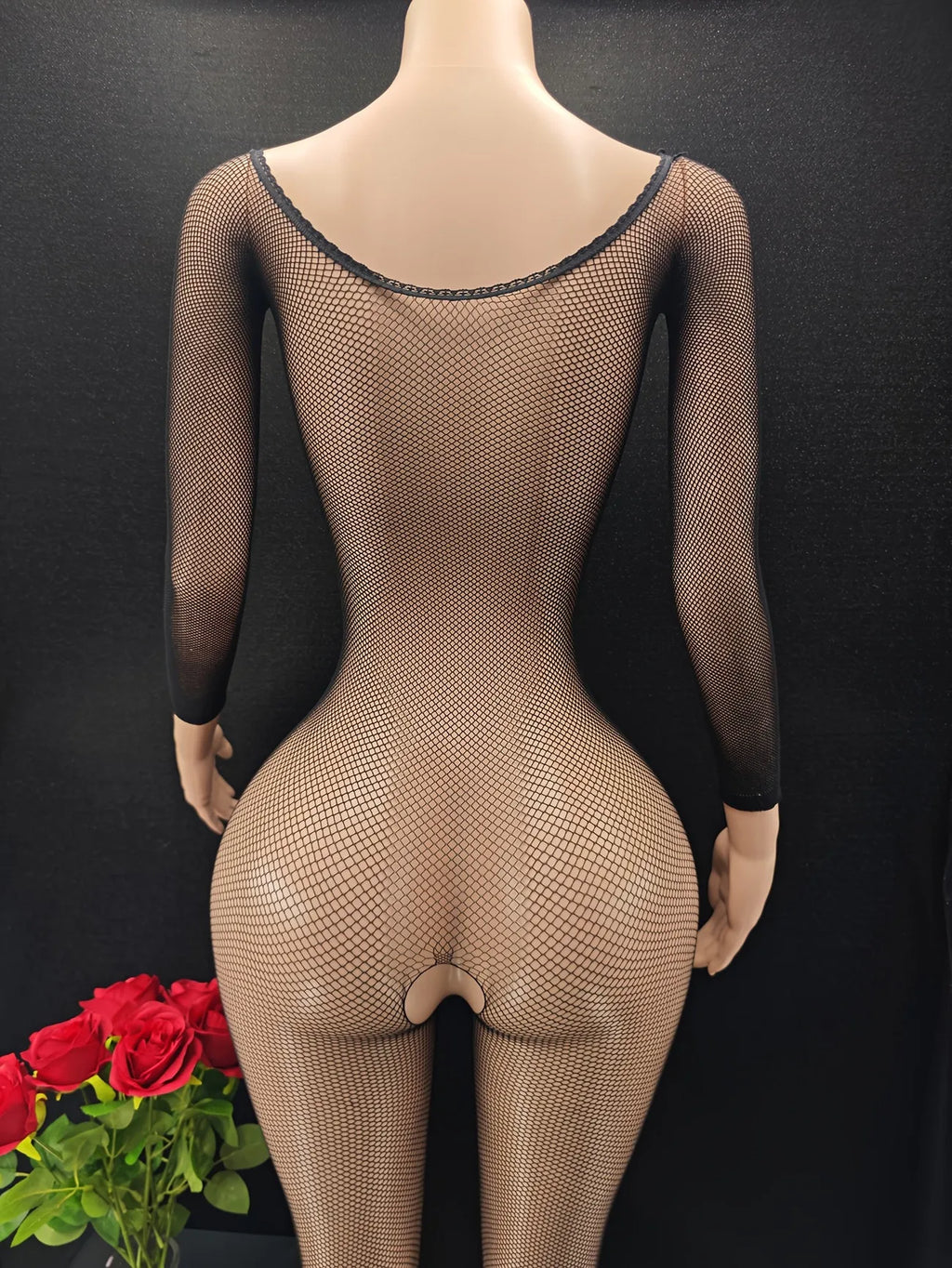 Women Fishnet Bodystocking Long Sleeve Sheer Mesh One Piece Bodysuit Stockings Black Stretch Jumpsuit Nightwear