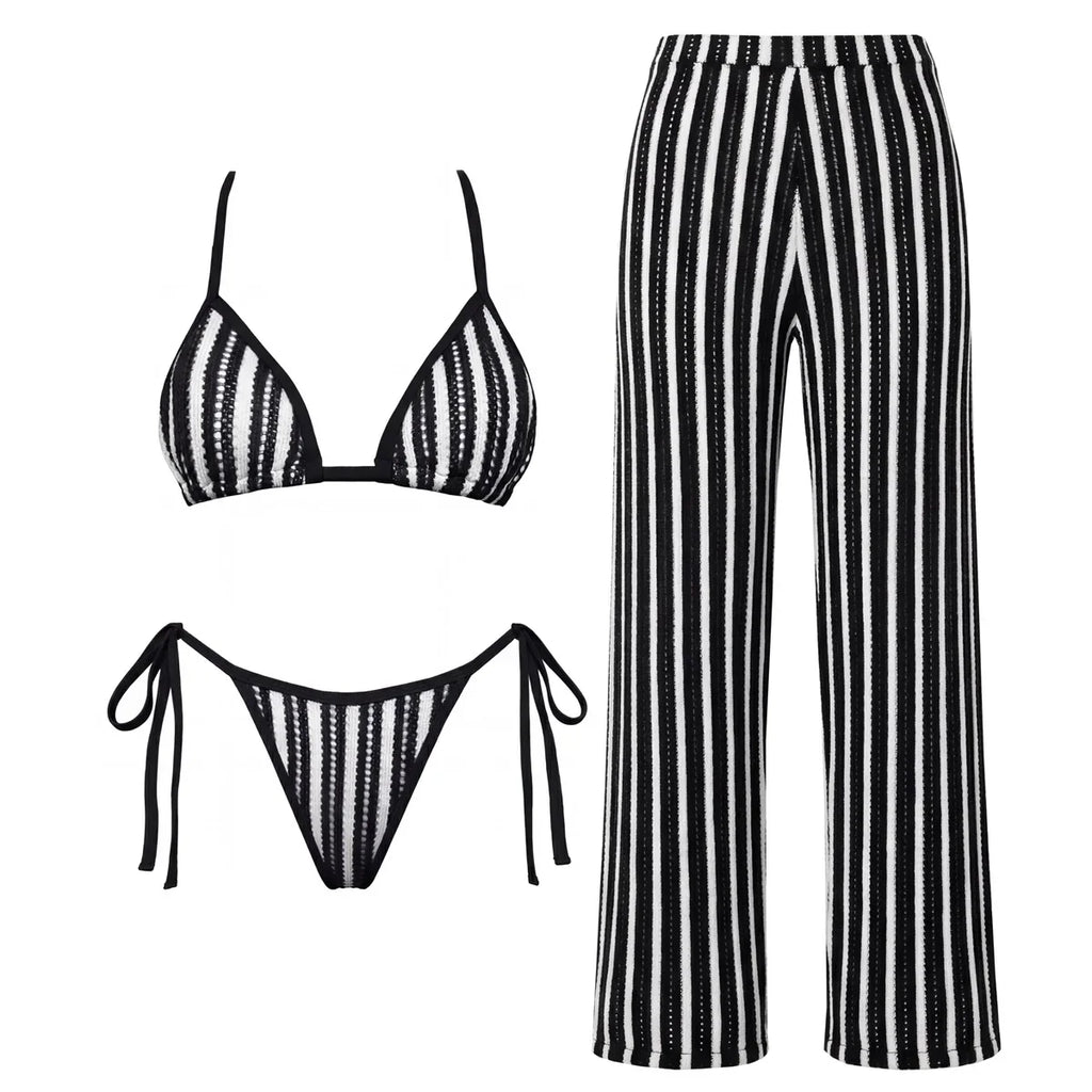 3Pcs Striped Bikini 2026 Bandeau Biquini Women Sexy Swimsuit Push Up Swimwear Female Mesh Pants Bathing Suit Cover Up Beachwear