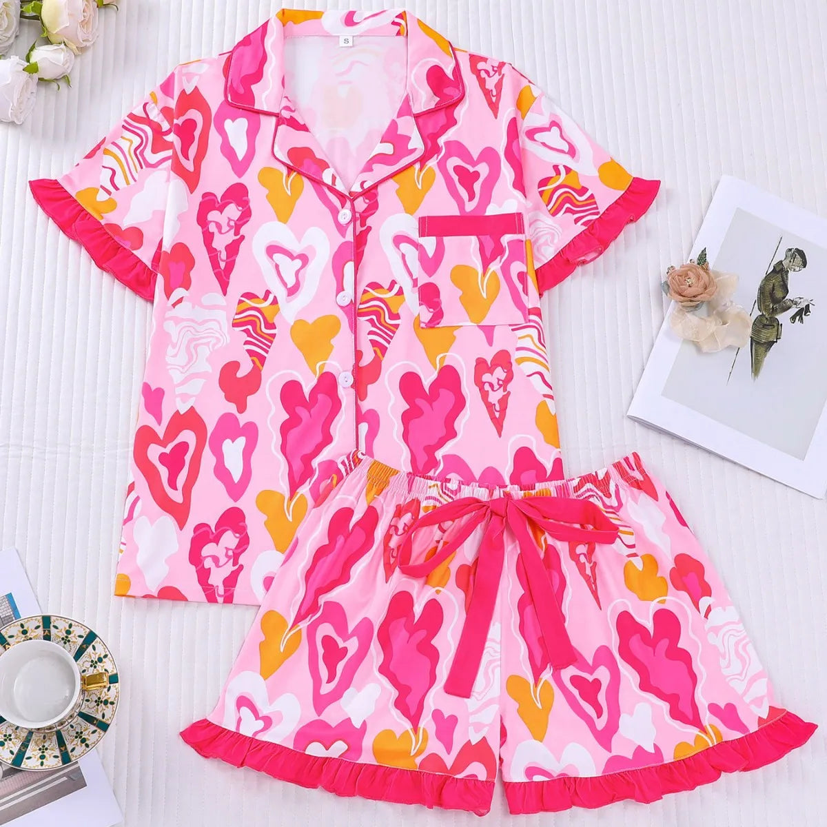Women's Sleepwear Summer Dopamine Style Pajama Set Loungewear Ladies Pajamas Comfortable Casual Lapel Pajamas Shorts Set