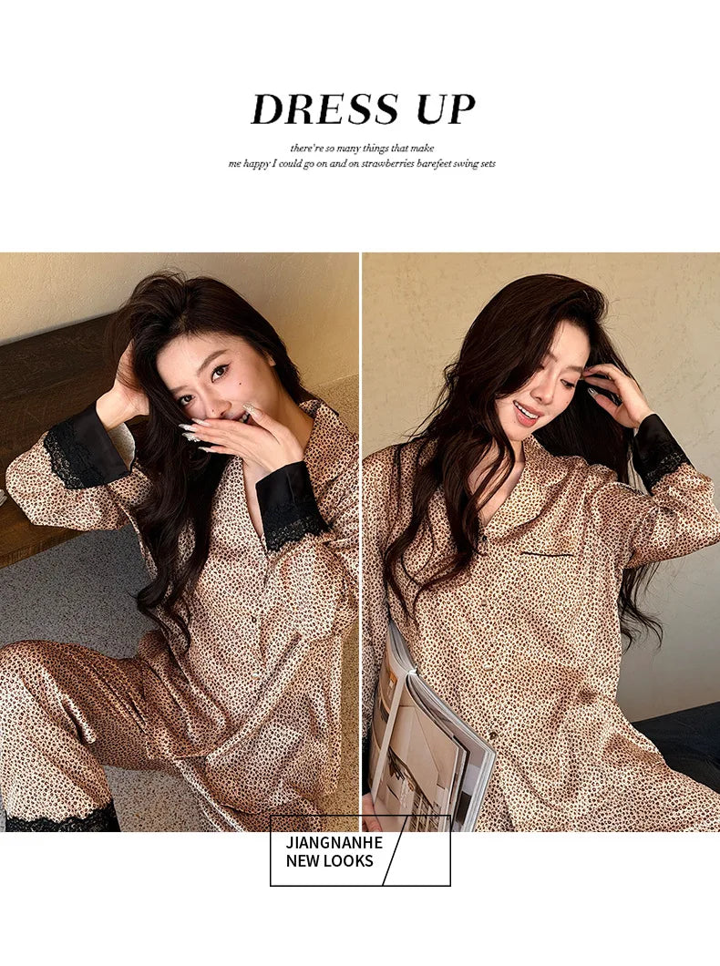 2026 Pajamas for Women Ice Silk Sexy Lace Small Leopard Print Long Sleeve Home Clothes Pajamas Set Can Be Weared Outside