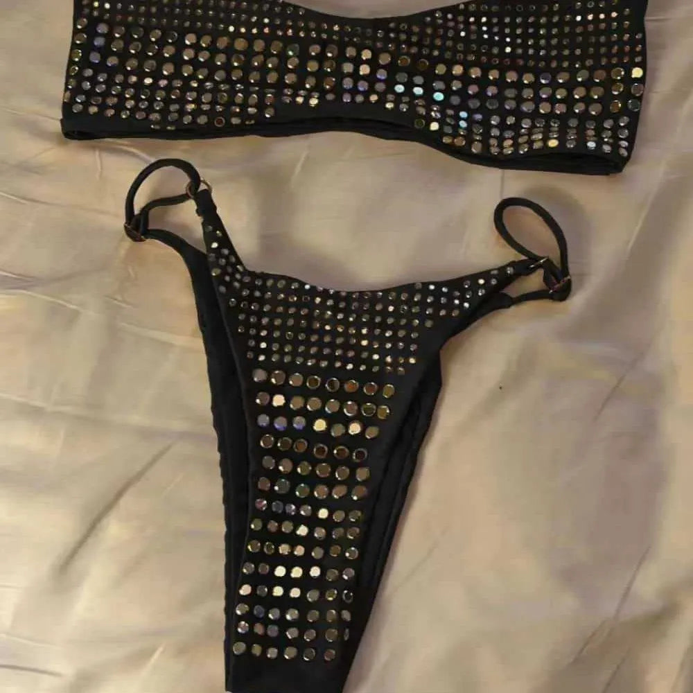 Luxury Black Bikini 2026 Women Sexy Diamond Rhinestone Push Up Mini Swimsuit Brazilian Beach Bathing Suit Thong Swimwear Biquini