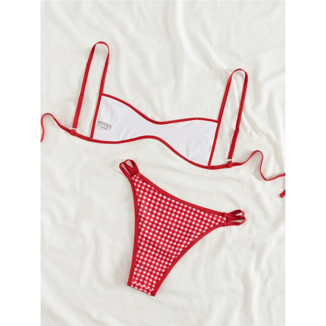 XS - L 2026 Plaid Printed Bikini Female Swimsuit Women Swimwear Polka Dot Bather Bathing Suit Swim Two-pieces Bikini set K8039