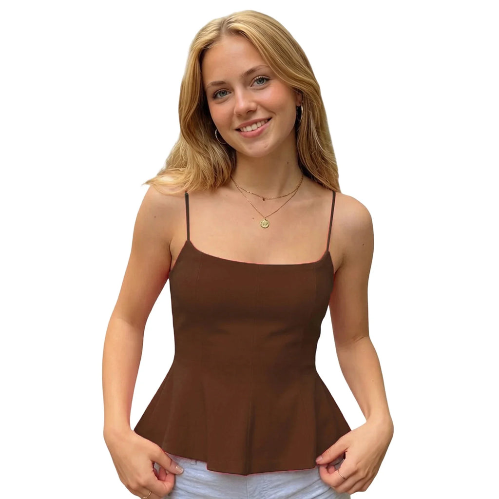 2026 Summer Women's Solid Color Vest Open Back Sleeveless Flared Hem Camisole Tank Tops Casual Retro Basic Cami