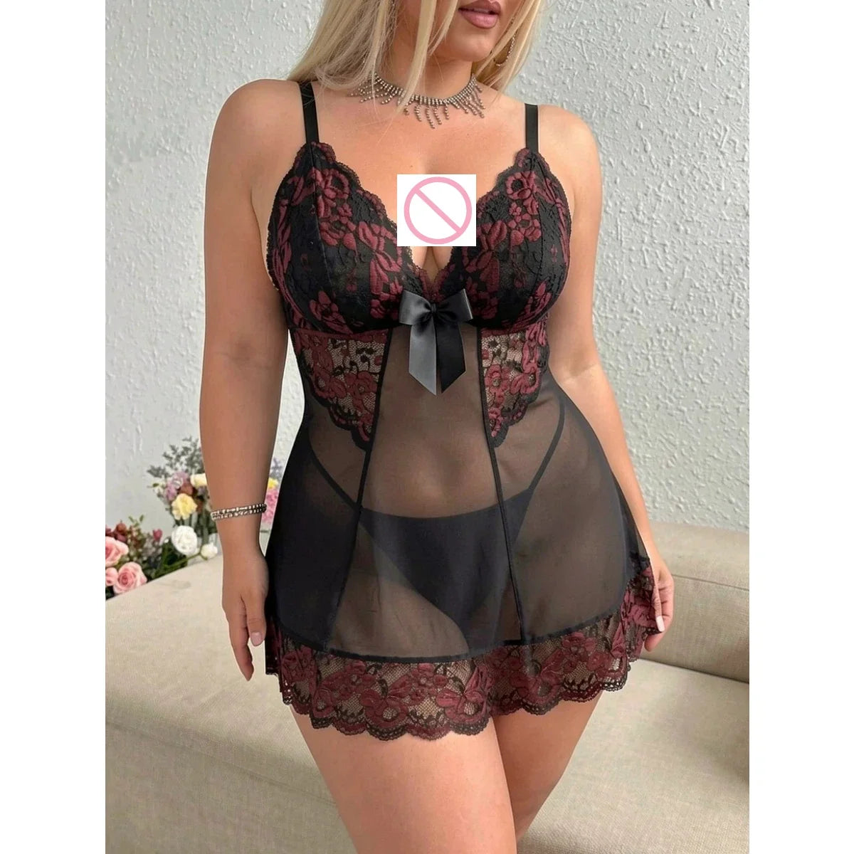 Plus size women's sexy bud mesh nightgown for fat MM plus size see-through sexy underwear