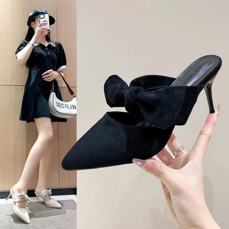 2026 New Arrival Pointed Toe Shallow Butterfly Knot Slingback Stiletto Sandals Summer Dress Party Wrapped Toe Shoes Casual Soft