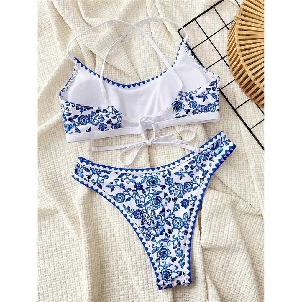 Sexy Flowers Printed Brazilian Bikini Female Swimsuit Women Swimwear Two-Pieces Bikini Set Padded Bather Bathing Suit Swim V6705